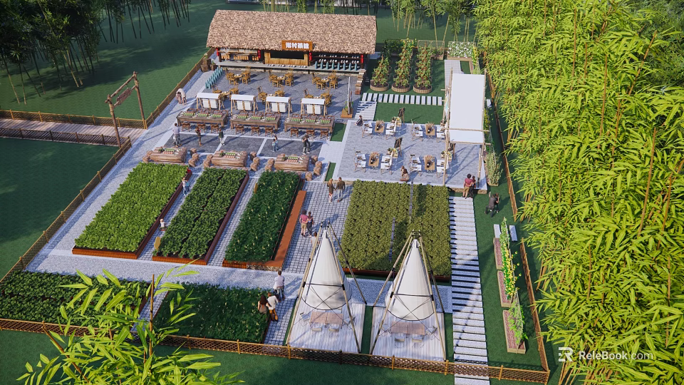 Park Landscape With Garden Beds Seating Areas Bamboo Plants And Wooden Pavilion 3d model 