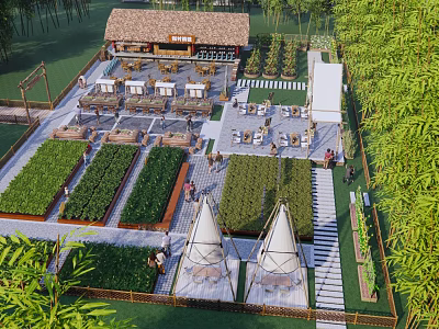 Park Landscape With Garden Beds Seating Areas Bamboo Plants And Wooden Pavilion 3d model