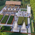 Park Landscape With Garden Beds Seating Areas Bamboo Plants And Wooden Pavilion
