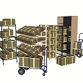 Sturdy Multi tiered Display Shelves With Storage Carts And Cardboard Boxes 3d model