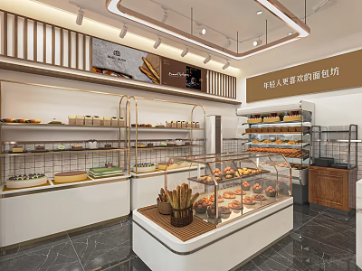 Modern Dessert Shop Interior With Glass Display Cases And Fresh Pastries Bread 3d model