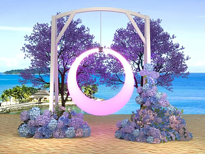 Scenic Photo Spot With White Arch Pink Circular Decoration Purple Trees And Sea View 3d model