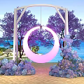 Scenic Photo Spot With White Arch Pink Circular Decoration Purple Trees And Sea View