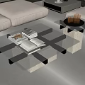 Modern Glass Coffee Table With Cross Design And Decorative Items On Light Living Room Carpet