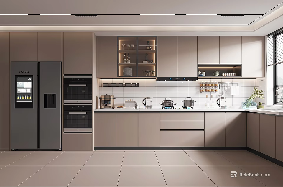 Modern Kitchen Design With Integrated Cabinetry Appliances Countertop And Tile Backsplash 3d model 
