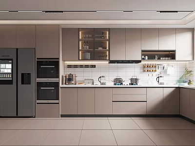 Modern Kitchen Design With Integrated Cabinetry Appliances Countertop And Tile Backsplash 3d model