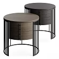 Stylish Modern Round Bedside Tables With Dark Wooden Drawers And Black Metal Frames