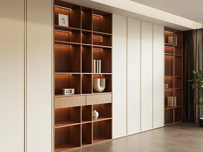 Modern Wooden Bookcase With Built in Lighting Shelves And White Cabinet Doors 3d model