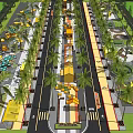 Scenic Commercial Street with Palm Trees Sidewalks Yellow Buildings and Pedestrian Greenery