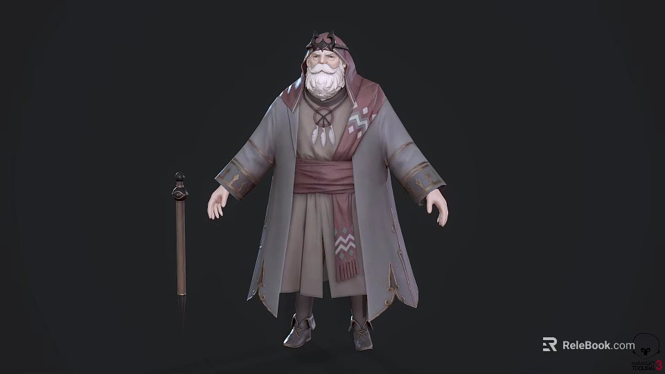 Old Bearded Man In Traditional Robe With Staff Standing Against Dark Background 3d model 