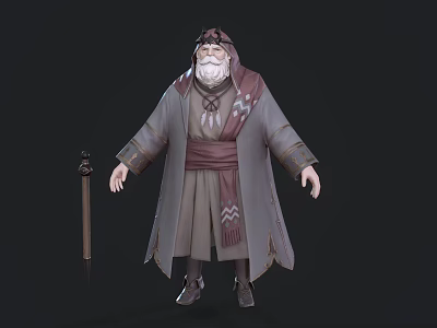 Old Bearded Man In Traditional Robe With Staff Standing Against Dark Background 3d model