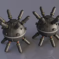 Two Black Mechanical Spheres With Multiple Tubular Protrusions And Industrial Design