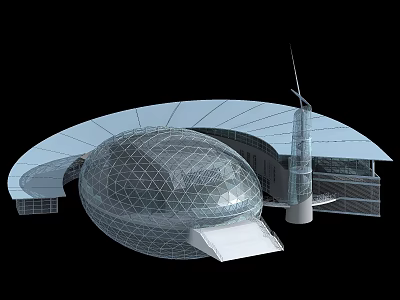 Modern Architectural Design Featuring Spherical Grid Surface And Tall Tower With Antenna 3d model