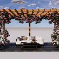 Wooden Pergola Covered With Pink Flowers And White Sofa On Wooden Deck