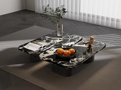 Modern Black and White Marble Top Coffee Table with Vase Green Plant and Oranges 3d model