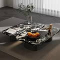 Modern Black and White Marble Top Coffee Table with Vase Green Plant and Oranges