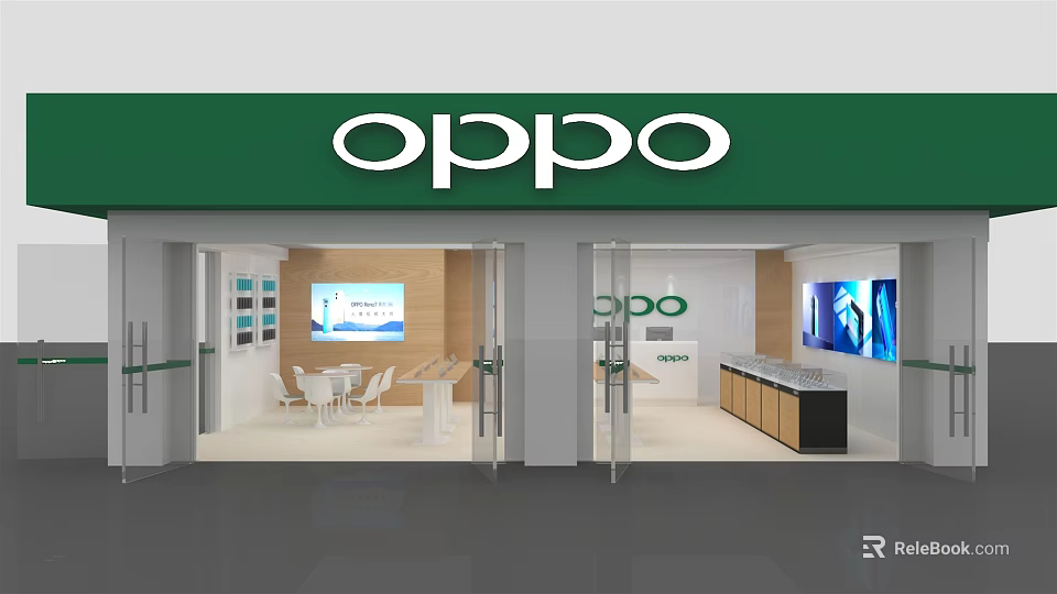 OPPO Digital Store with Green Signage Open Storefront Display Counters and Screen Displays 3d model 