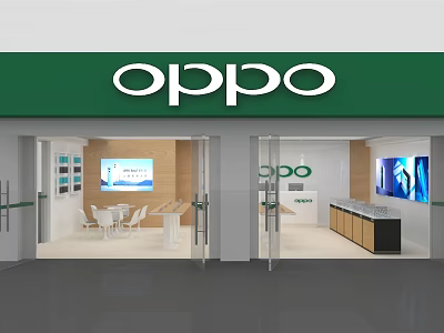 OPPO Digital Store with Green Signage Open Storefront Display Counters and Screen Displays 3d model