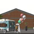 Vibrant Commercial Street With Food Trucks Colorful Balloons Brick Buildings And Outdoor Seating Areas