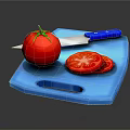 Fresh Whole Tomato And Sliced Pieces On Blue Cutting Board With Knife