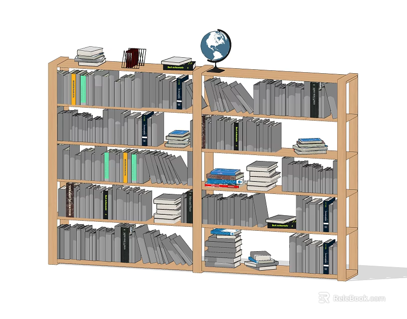 Wooden Bookshelf Filled with Stacked Books Globe and Mug on Top Shelf 3d model 