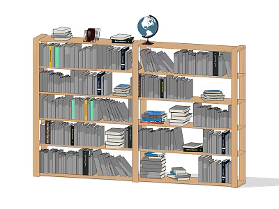 Wooden Bookshelf Filled with Stacked Books Globe and Mug on Top Shelf 3d model