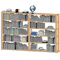 Wooden Bookshelf Filled with Stacked Books Globe and Mug on Top Shelf