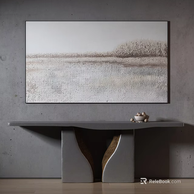 Abstract Landscape Painting On Gray Concrete Wall With Gray Shelf And Teacup Saucer 3d model 