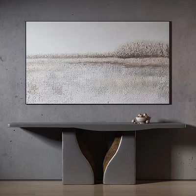 Abstract Landscape Painting On Gray Concrete Wall With Gray Shelf And Teacup Saucer 3d model
