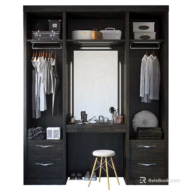 Modern Closet Interior With Mirror Hanging Rods Drawers Dressing Table And Stool 3d model