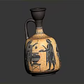 Sculpted Ceramic Vase With Black Figure Decoration Yellow Body And Brown Handle