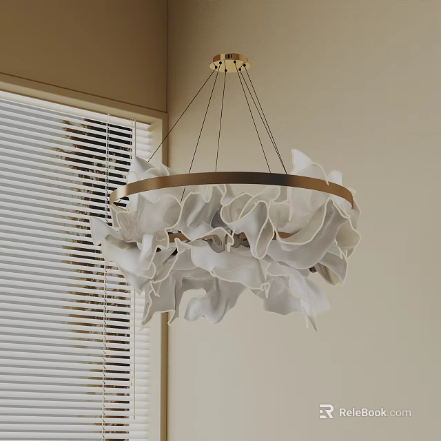 Modern Elegant White Petal Shaped Chandelier With Gold Circular Metal Frame Hanging Design 3d model 