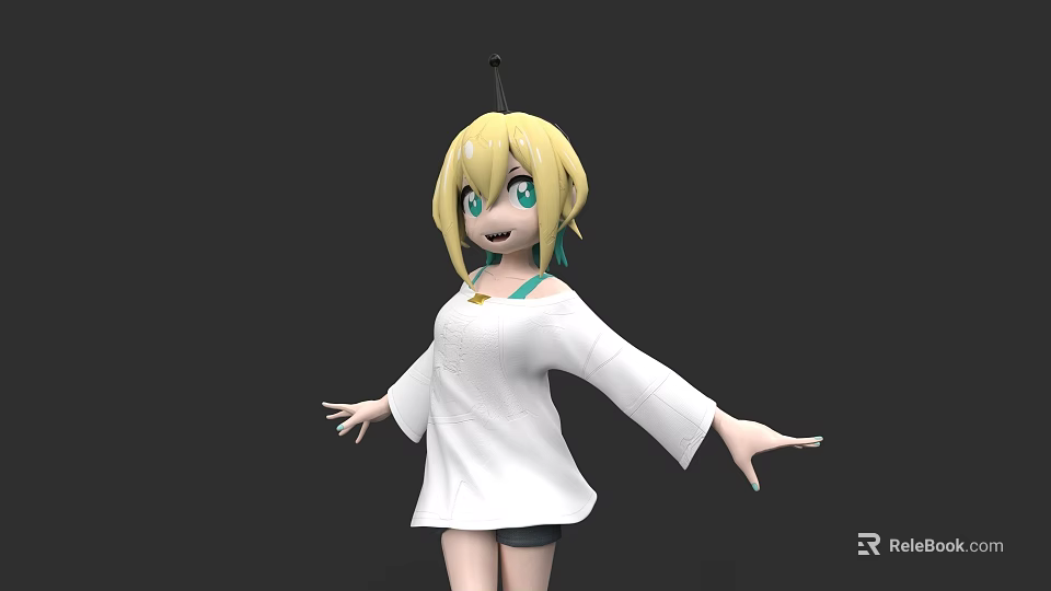 Anime Style 3D Model Woman With Blonde Hair Green Eyes And White Outfit 3d model 