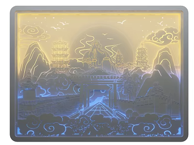 Traditional Chinese City Architecture Featuring Ancient Pagodas Mountains Clouds and Moonlit Scene 3d model