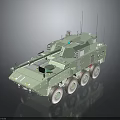 Green Armored Military Vehicle With Six Wheels Antennas And Weapon Systems