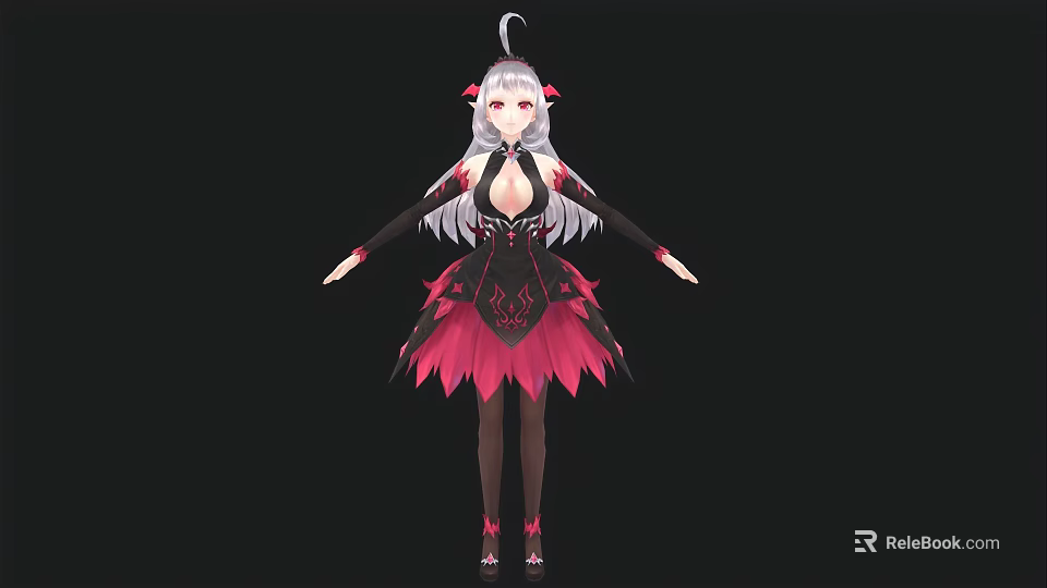 Anime Style Woman With Long Silver Hair Pink Accessories Black Pink Feather Dress 3d model 