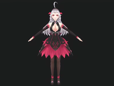 Anime Style Woman With Long Silver Hair Pink Accessories Black Pink Feather Dress 3d model