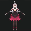 Anime Style Woman With Long Silver Hair Pink Accessories Black Pink Feather Dress