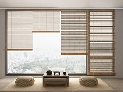 Bamboo Blinds On Window Allowing Natural Light With City View And Cozy Interior 3d model