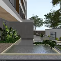 Modern Garden Landscape With Stone Paving Green Plants Lighting Water Feature And Building Facade