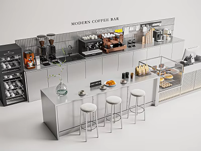 Modern Coffee Bar Interior With Stainless Steel Counter High Stools And Coffee Equipment 3d model