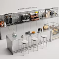 Modern Coffee Bar Interior With Stainless Steel Counter High Stools And Coffee Equipment