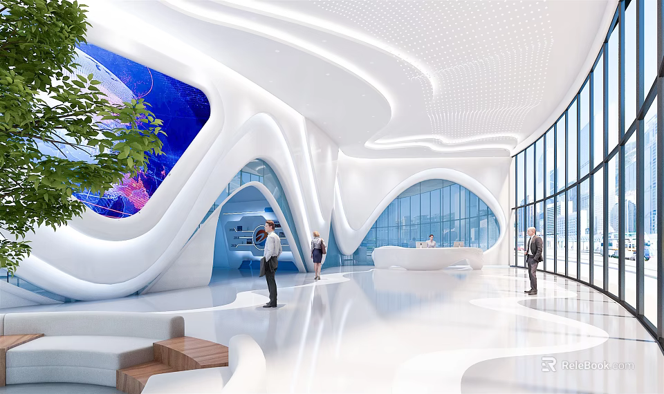 Futuristic Modern Public Lobby Interior With White Curved Design Large Screen Glass Walls And Green Plants 3d model 