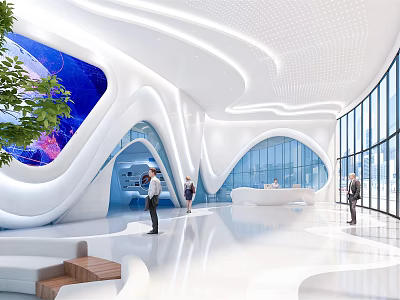Futuristic Modern Public Lobby Interior With White Curved Design Large Screen Glass Walls And Green Plants 3d model