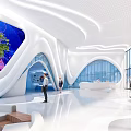 Futuristic Modern Public Lobby Interior With White Curved Design Large Screen Glass Walls And Green Plants