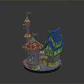 Detailed Decorative Castle Model With Red Blue Roofs Towers Flags And River Base