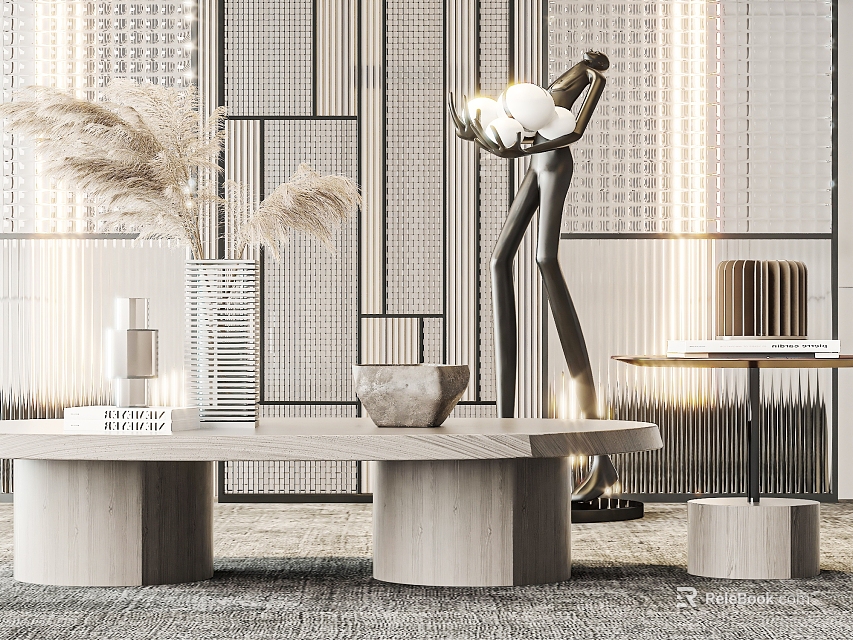 Modern Minimalist Coffee Table With Wooden Base Decorative Vase Dried Flowers And Sculpture 3d model 