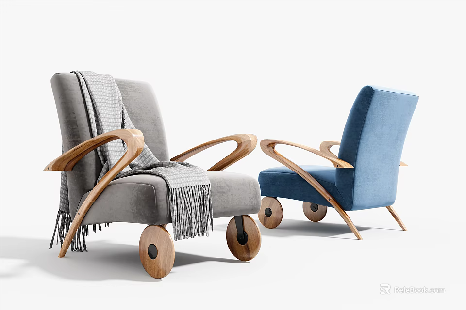 Modern Gray and Blue Single Seater Sofa with Curved Wooden Arms Round Wheel Legs 3d model 