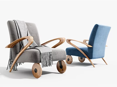 Modern Gray and Blue Single Seater Sofa with Curved Wooden Arms Round Wheel Legs 3d model