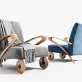 Modern Gray and Blue Single Seater Sofa with Curved Wooden Arms Round Wheel Legs